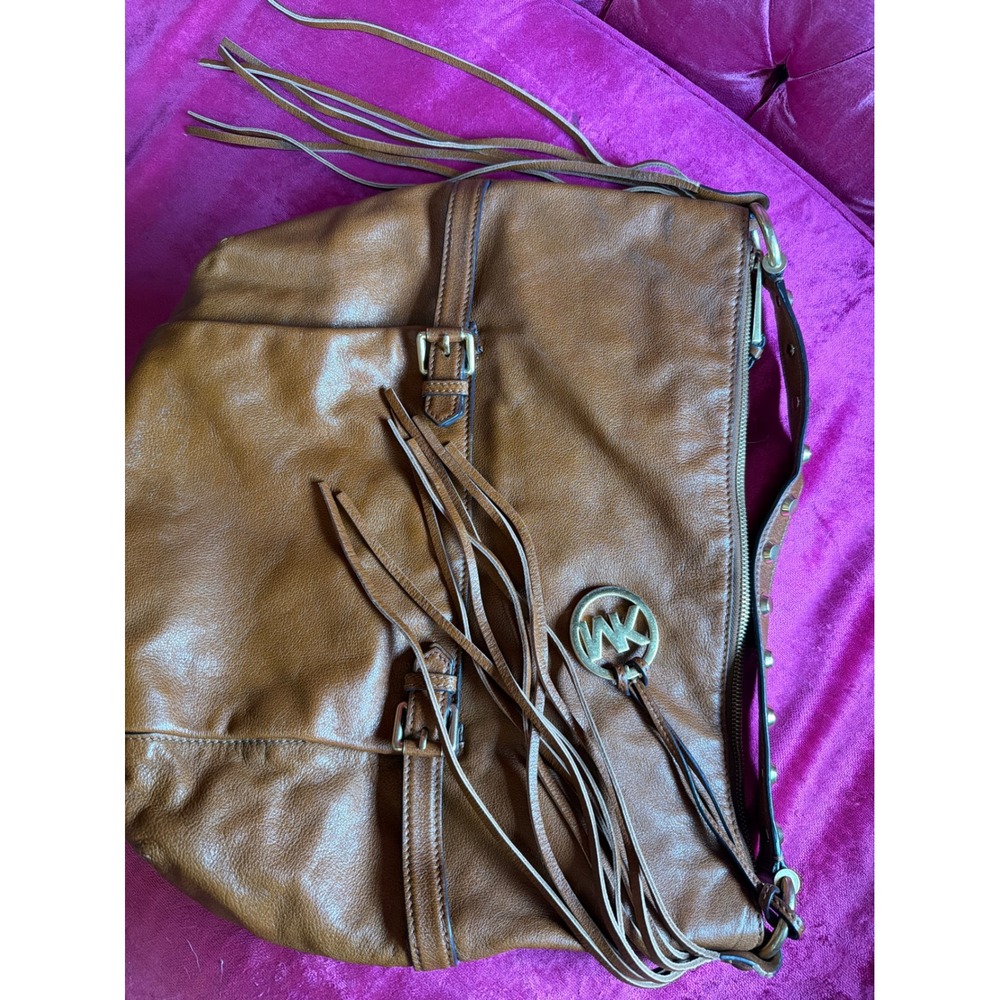 Michael Kors Brown Leather Fringe Hobo Bag Studded Strap Gold Tone Hardware